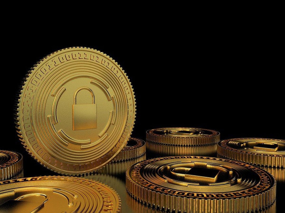 A rendering of a crypto coin with a lock on it