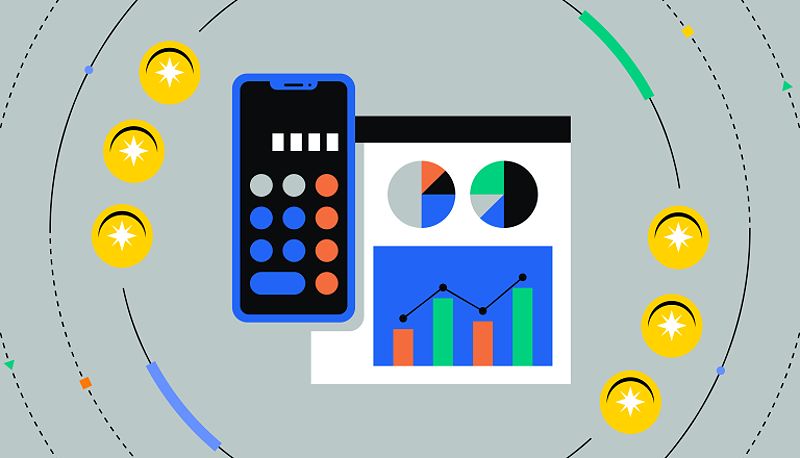 Coins orbiting a calculator, as well as charts and graphs