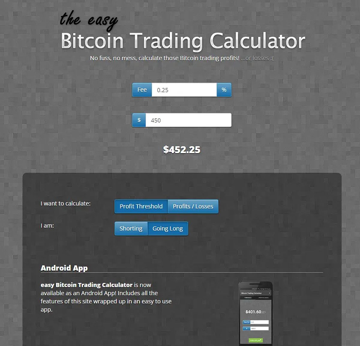 Crypto trading calculator interface