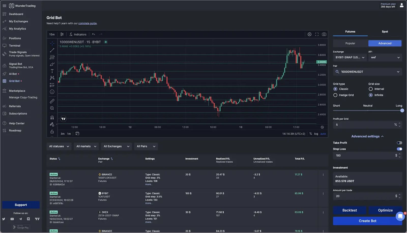 Grid trading bot interface