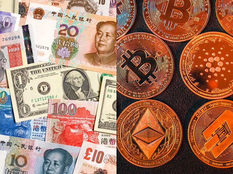 Image of money bills and physical cryptocurrencies